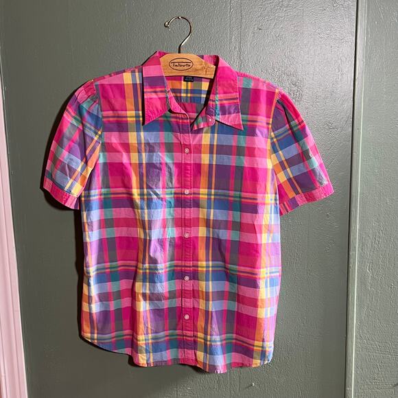 Chaps Colorful Plaid Shirt XL Cotton Short Sleeve Button Down Preppy - Picture 3 of 5
